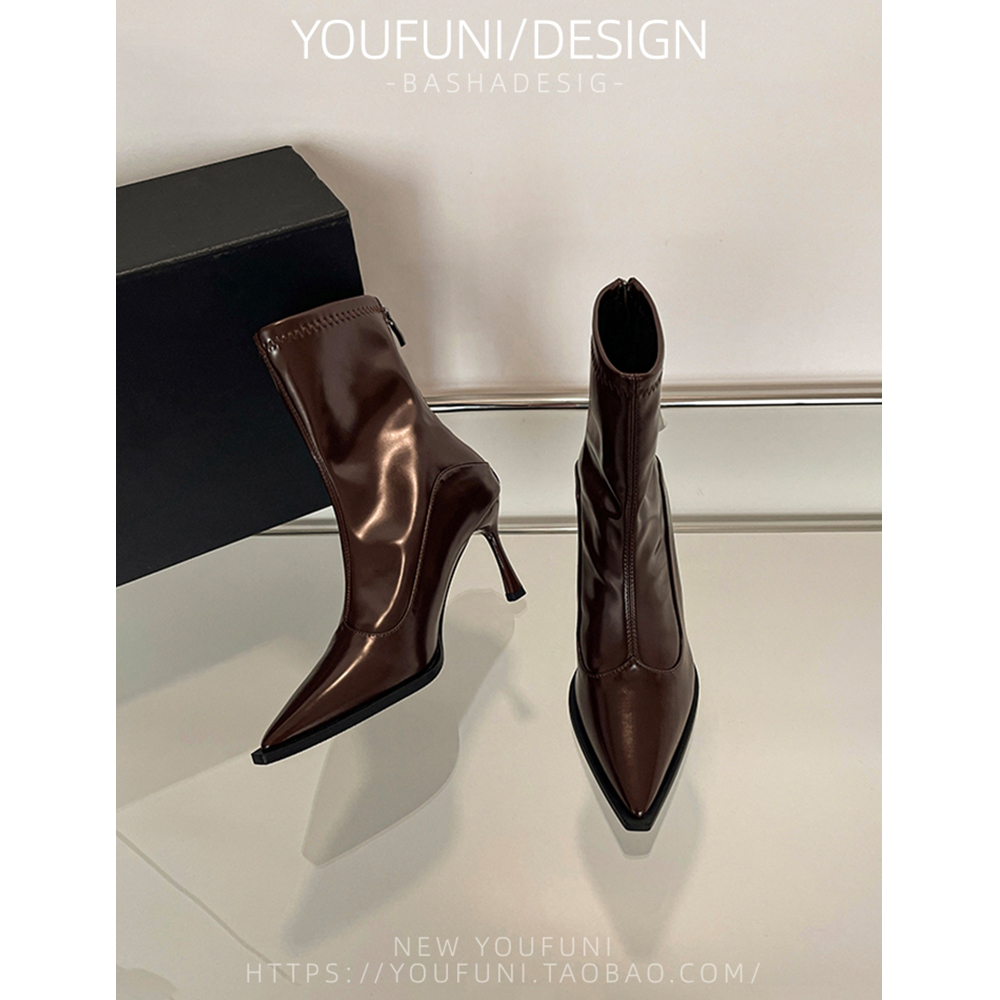 高跟欧美凤细跟尖头拼接短靴