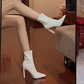 瘦瘦靴单靴女 粗跟尖头皮靴新款 法式 高跟米白色短靴女2026年秋冬季