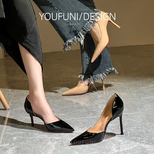 欧美新款红底侧空高跟鞋女百搭显瘦浅口单鞋性感尖头细跟漆皮女鞋