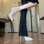 羊皮版 高级裸色尖头防水台细跟高跟短靴女绒面瘦瘦靴百搭弹力靴