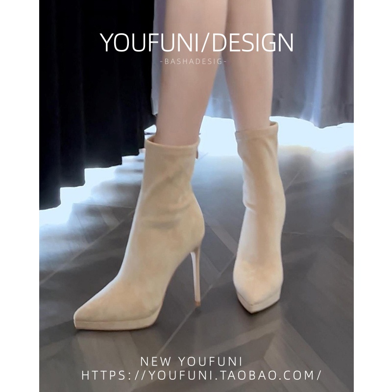 2025秋冬款细高跟弹力短靴真皮绒尖头防水台瘦瘦靴性感气质女10cm