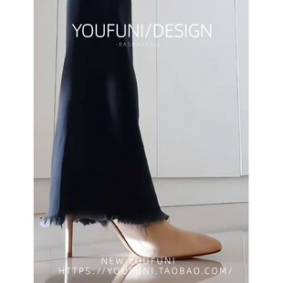 杏色弹力瘦瘦靴黑色绒面尖头短靴2025年新款细跟靴子女秋冬高跟靴