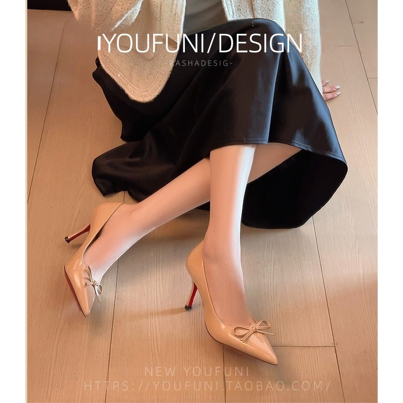 裸色尖头红底高跟鞋女秋冬2026新款真皮性感细跟浅口单鞋职业女鞋,女鞋,浅口单鞋,淘宝优惠券,粉丝福利购,淘宝优惠卷