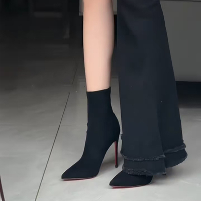 新款弹力靴黑色绒面性感百搭瘦瘦袜子靴尖头细跟短靴红底高跟鞋女