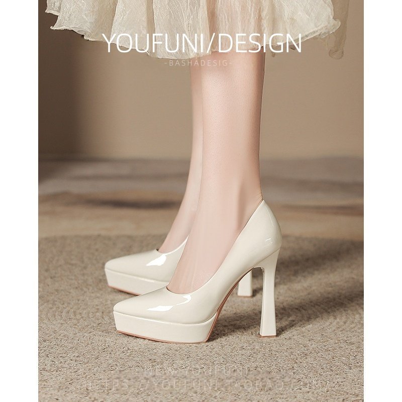 羊皮版~走秀漆皮尖头高跟鞋女防水台粗跟百搭不累脚职业单鞋,女鞋,浅口单鞋,淘宝优惠券,粉丝福利购,淘宝优惠卷