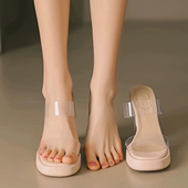 防水台透明高跟鞋 新款 女粗跟裸色百搭凉拖一字带凉鞋 2025年夏季