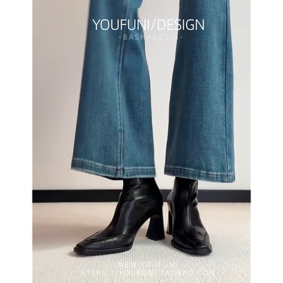 牛皮版~静音软底弹力瘦瘦靴女粗跟高跟短靴通勤秋冬复古黑色靴子