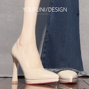 防水台裸色尖头恨天高跟鞋女2026新款漆皮10CM粗跟不累脚职业单鞋