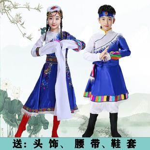 西藏走秀藏式 蒙古帽子裙袍 衣服长水袖 演出服儿童秋季 藏族舞蹈服装