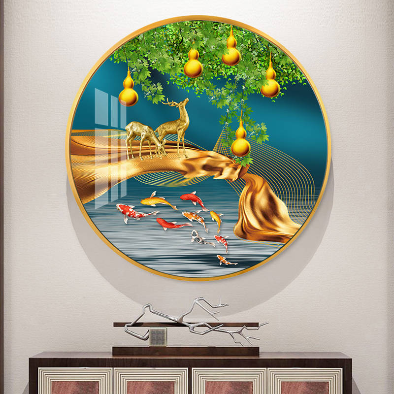 五福临门中式圆形装饰画走廊尽头玄关圆框画餐厅背景墙画葫芦挂画