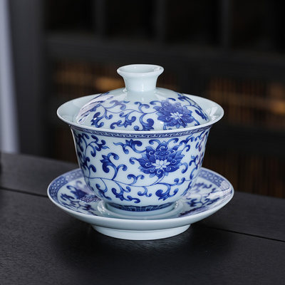 青花瓷三才盖碗茶碗茶杯陶瓷单个高档复古功夫茶具泡茶大容量盖碗