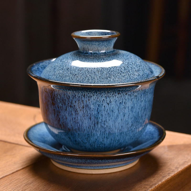 窑变建盏天目釉三才盖碗茶杯泡茶碗陶瓷功夫茶具家用大号个性泡茶图片