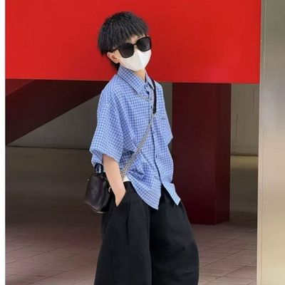 2025童装夏装新款男童衬衫纯棉中大童夏季儿童短袖格子衬衣全棉潮
