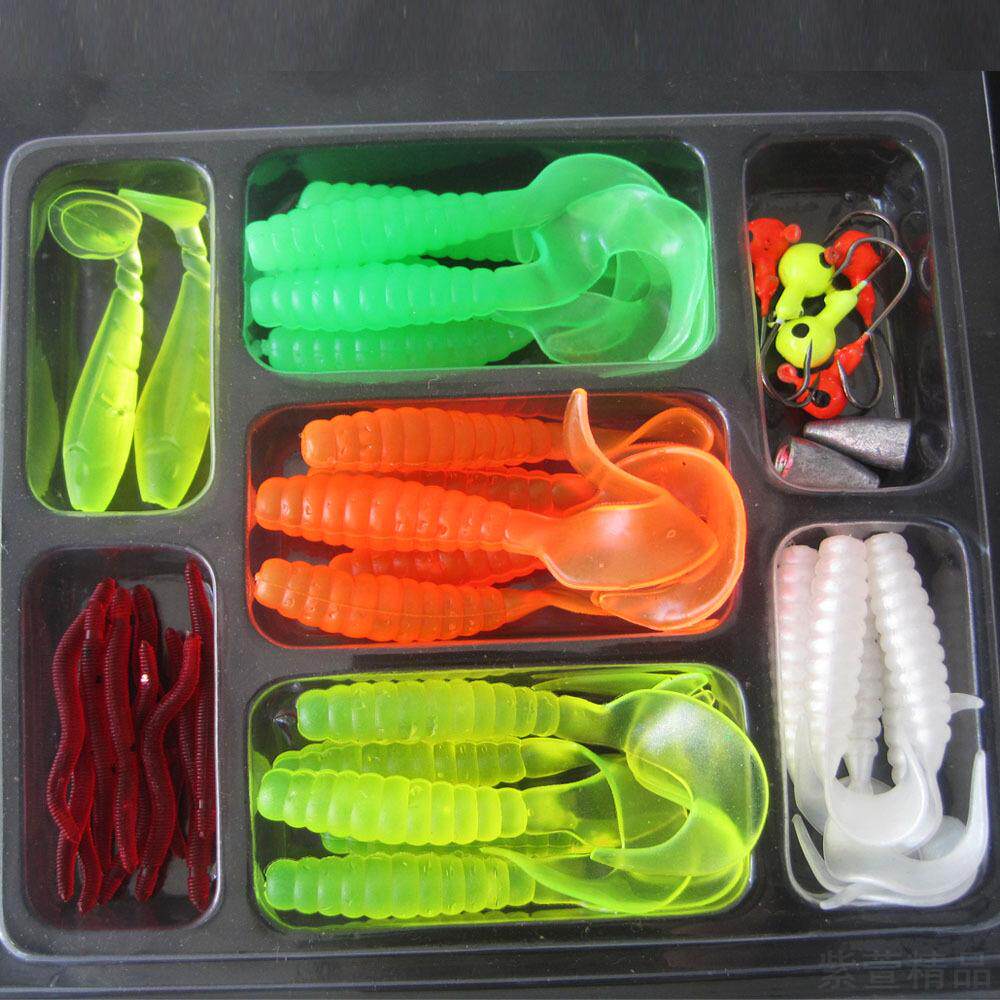 超值路亚饵39件套装单尾虫尾鱼蚯蚓铅头钩子弹铅套装海水淡水饵