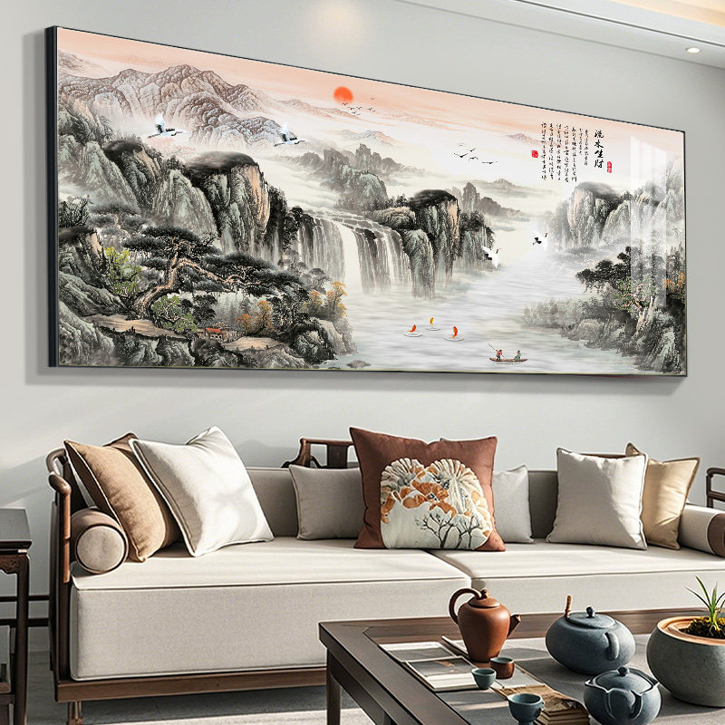 高山流水生财山水风景挂画 画客厅沙发背景墙壁装饰办公室靠山图
