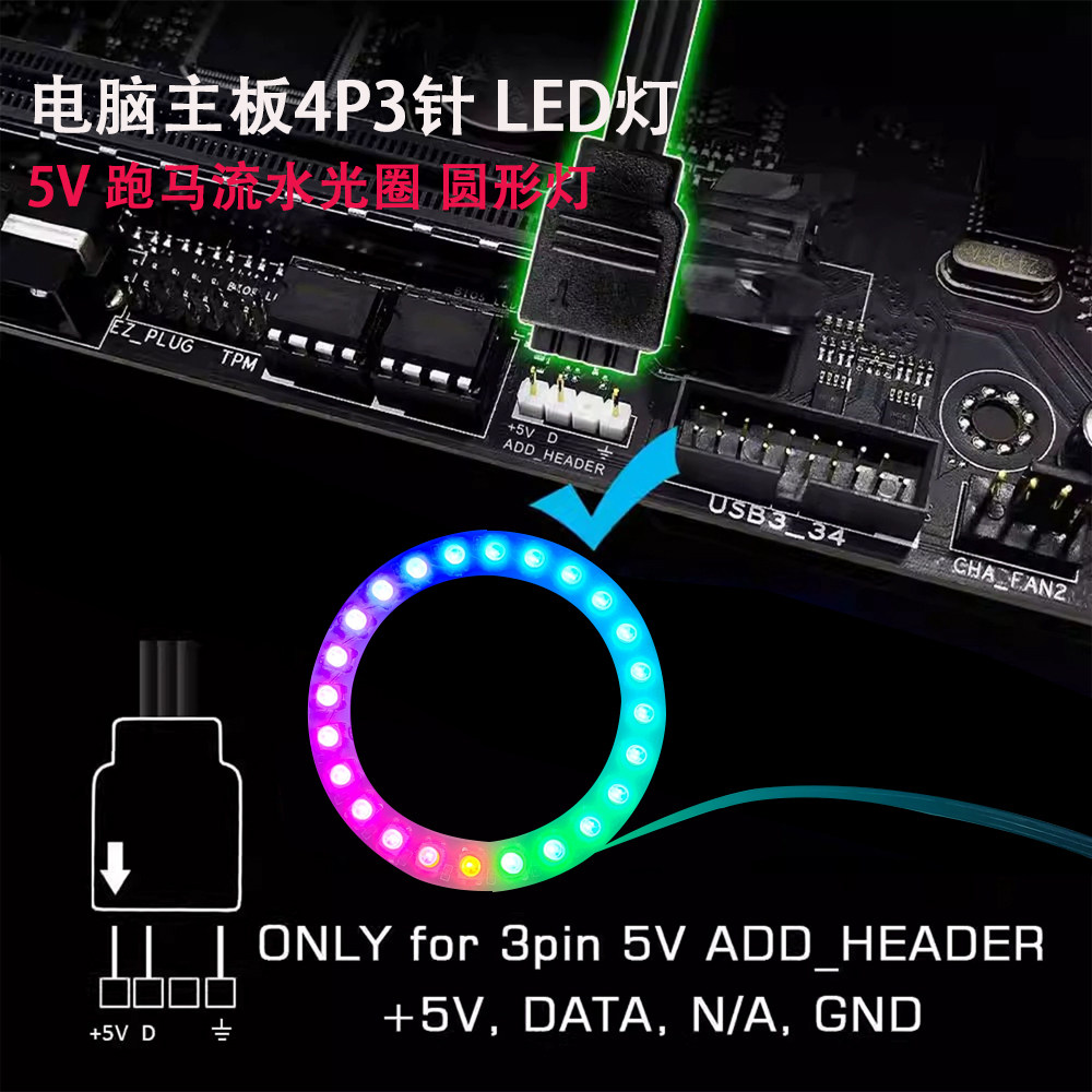 5V全彩WS2812动态45位高亮幻彩天使眼4p3针接头电脑主板圆形灯圈