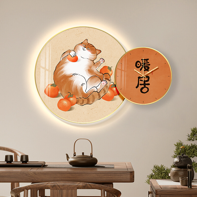 暖居餐厅装饰画圆形饭厅墙面创意钟表挂画led灯平安喜乐柿子画图片