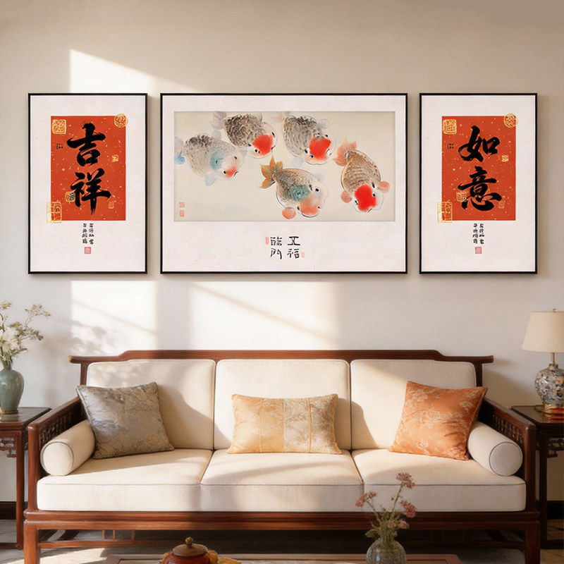 旺运生财九鱼图挂画客厅沙发背景墙装饰画荷花图茶室书房墙三联画