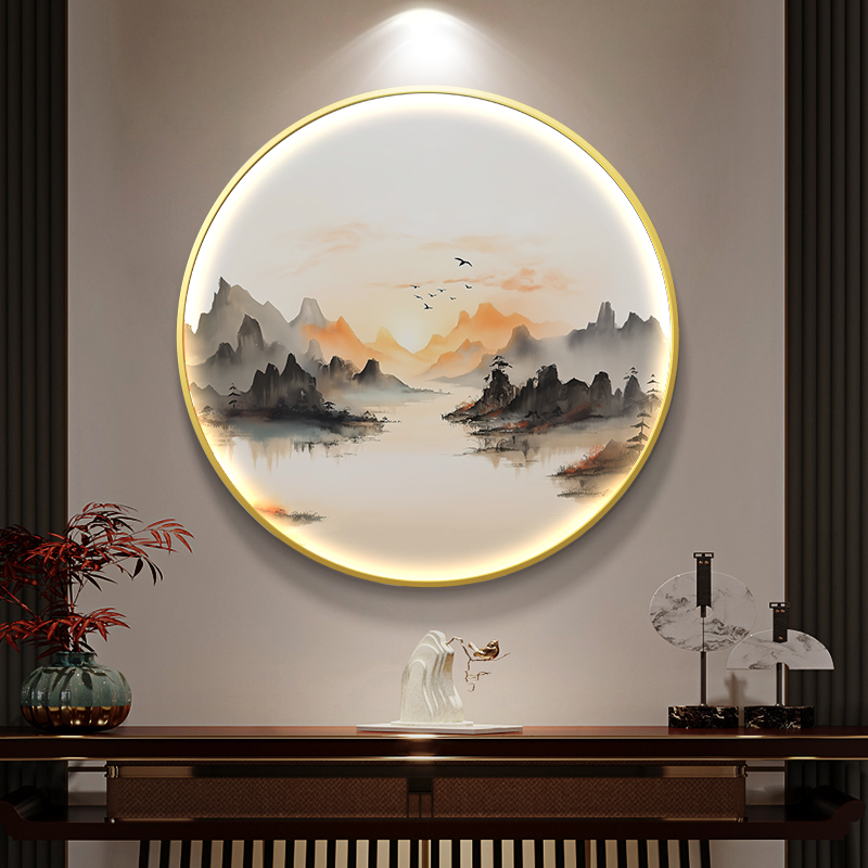 新中式禅意山水玄关装饰画进户门正对墙圆形挂画水墨艺术国画发光图片