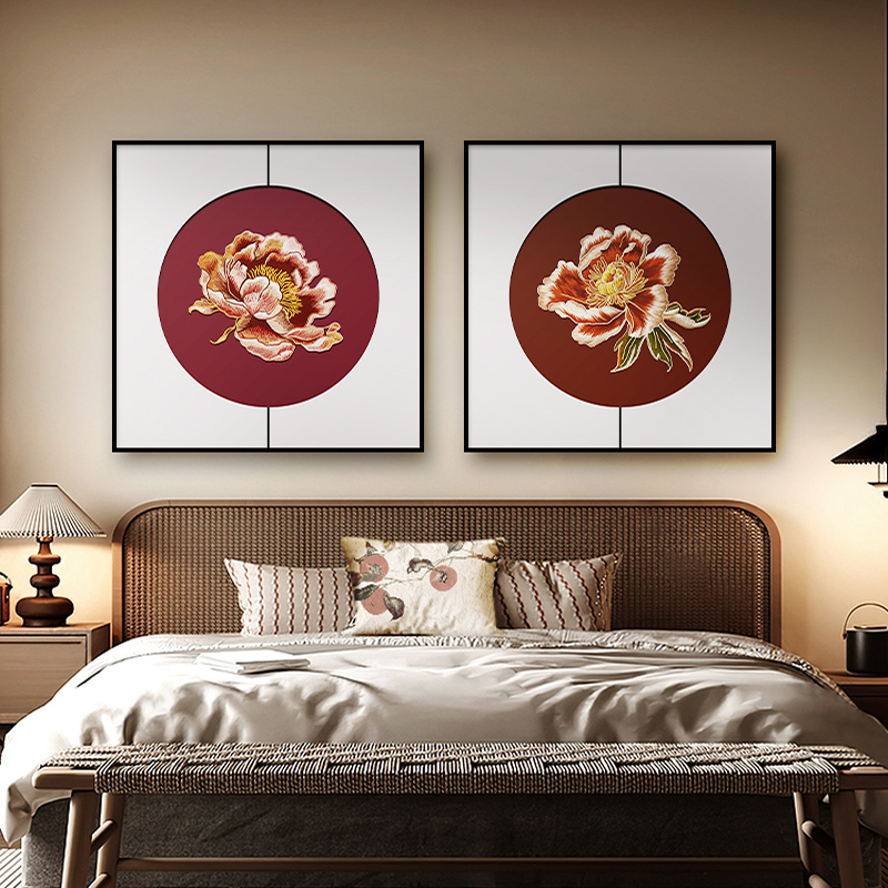 新中式牡丹花卧室床头画高档餐厅装饰画客厅挂画柜上玄关方形壁画图片