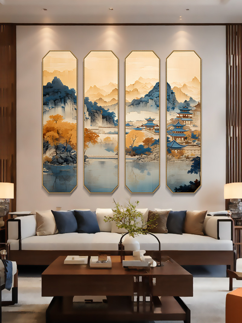 新中式山水风景四联画沙发背景墙画古风建筑八边形茶室布置挂画竖