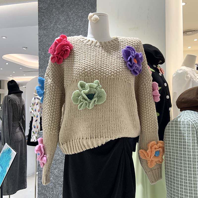 20212021秋季新款复古手工钩花立体花朵粗棒针织衫毛衣女宽松时尚