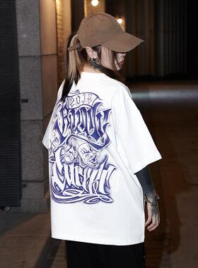 LWA原创国潮奇卡诺花体字纹身师美式宽松重磅纯棉短袖oversizet恤