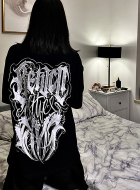 原创国潮LWA奇卡诺花体字宽松匪帮落肩短袖圆领潮牌嘻哈bboyT恤