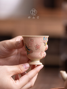 焦糖釉青花瓷茶杯手绘蝴蝶女士大师杯单杯高端中国古董茶杯