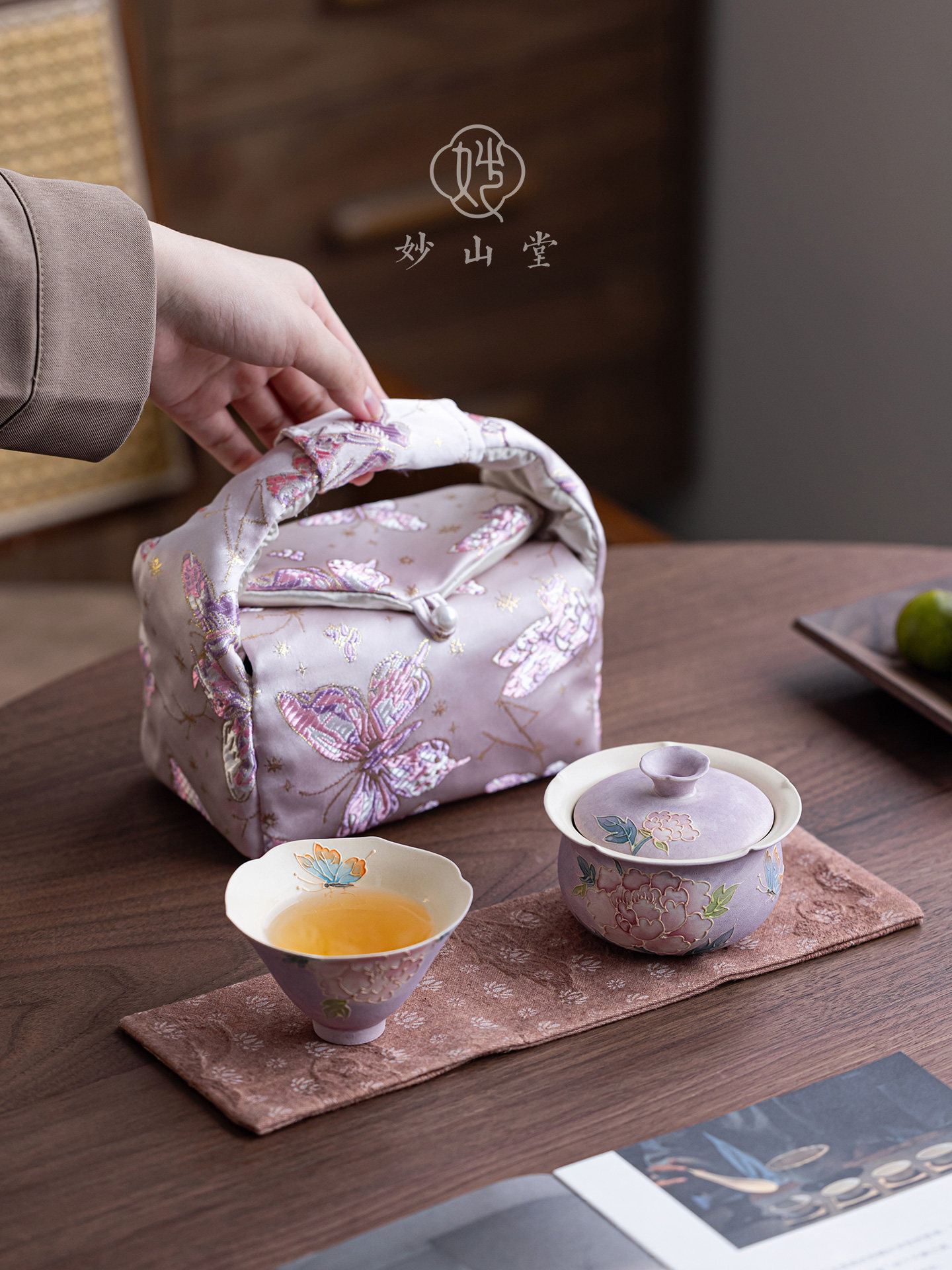 轻奢手绘牡丹旅行茶具便携式布包套组户外泡茶一人用送女生送人