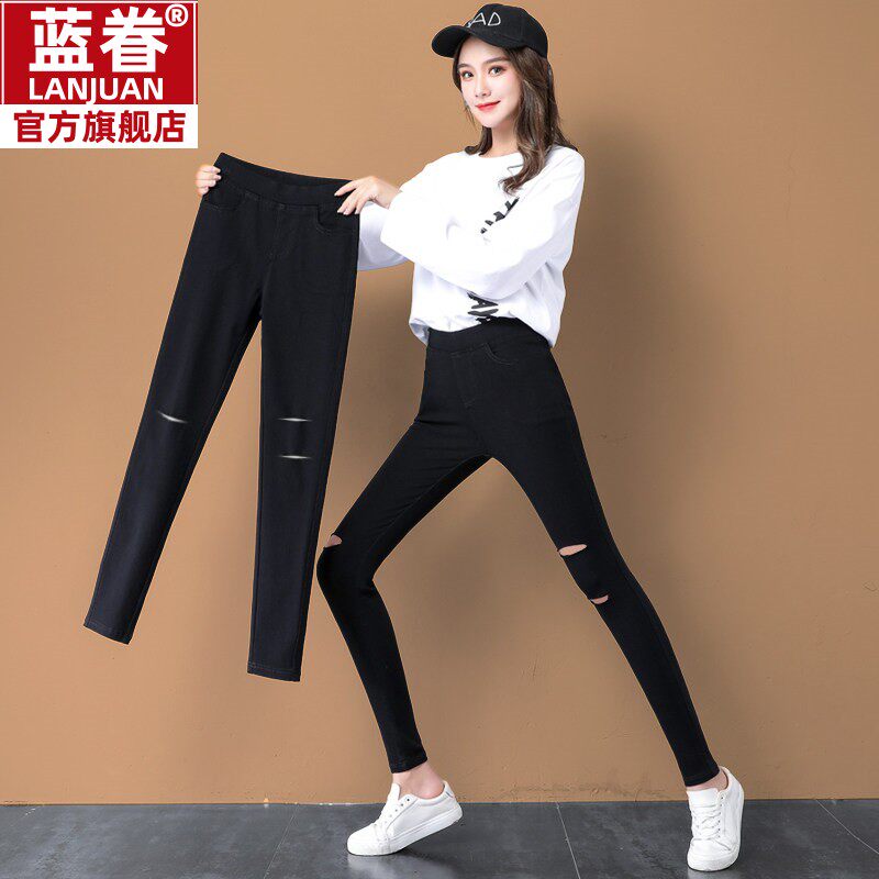 破洞打底裤女外穿2025春秋季新款夏薄款高腰小脚裤黑色九分小黑裤