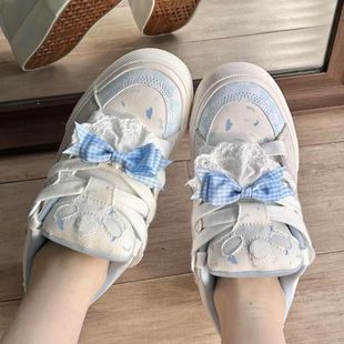 扣花边蕾丝蝴蝶结发夹配件可爱少女心蓝色格子配饰 鞋 面包鞋 运动鞋