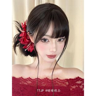 新中式复古红色百合花发夹古典美人纯欲氛围感发饰女仿真花朵头饰