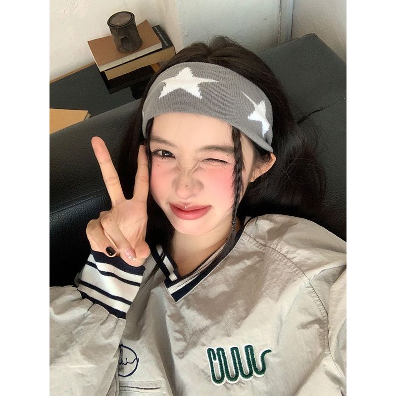 馨帮帮五角星嘻哈宽边弹力束发带休闲时尚简约百搭针织运动发带女