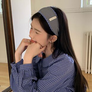 格雷系蓝格子灰色宽边发箍复古西装料高颅顶头箍带齿防滑压发发卡