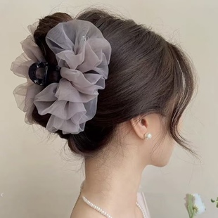 新款绢纱泡泡纱抓夹甜美韩系温柔显发量云朵褶皱中号鲨鱼夹大号