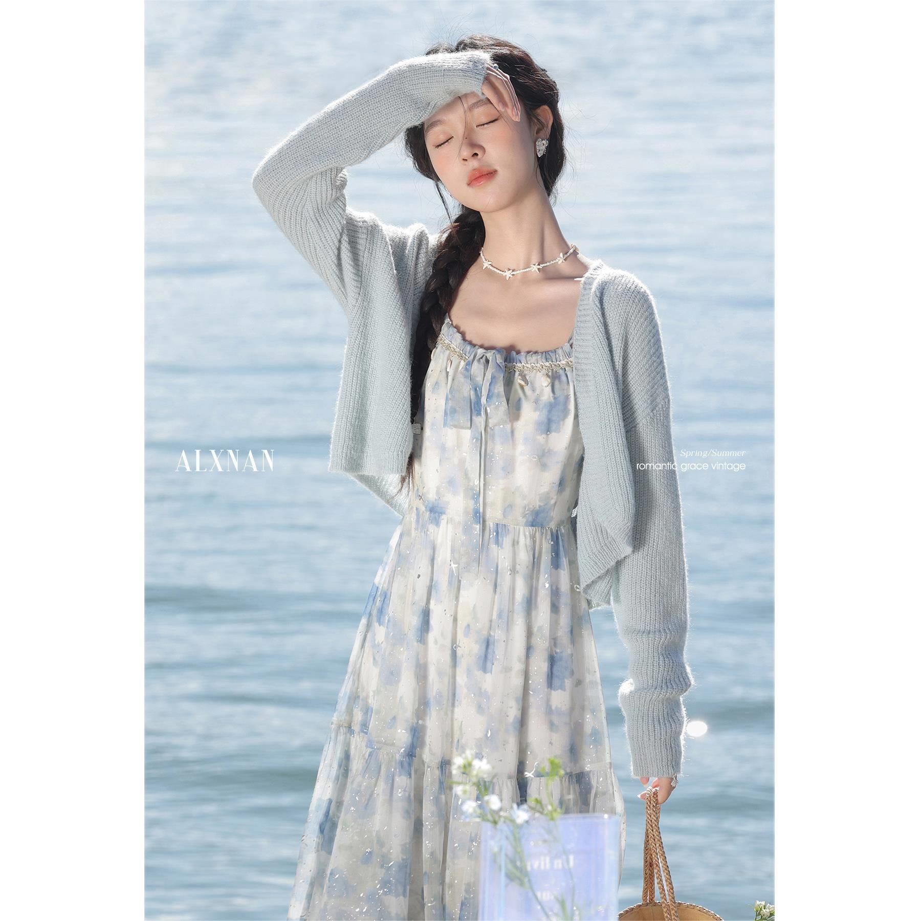 鹿向南「落花惊雨」连衣裙套装2025春新款开衫花朵吊带裙两件套女