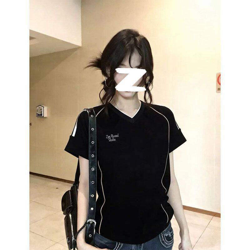 40支220克92棉8氨纶 螺纹领口+后包边 拼接印花字母修身短款T恤女