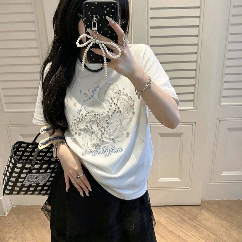 220g纯棉 螺纹领口 +后包边 原版绣花+钉珠+拼接蕾丝短袖T恤女