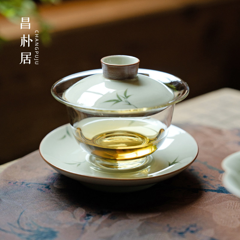昌朴居三才玻璃盖碗茶杯加厚耐热不烫手纯手绘筱竹中式泡茶器茶具