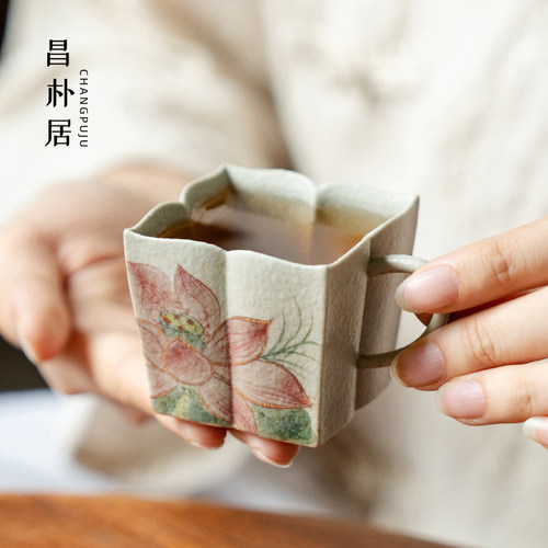 昌朴居茶杯青花火石红纯手绘莲花四方花口把杯单个功夫茶具主人杯