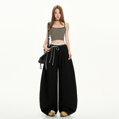 RJVO假两件弯刀休闲裤女新款设计感蕾丝双腰头宽松百搭拖地阔腿裤