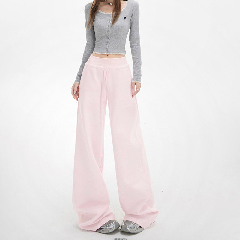 RJVO慵懒风高腰阔腿裤女秋季新款粉色宽松直筒裤时尚抽绳休闲裤,女装/女士精品,休闲裤,淘宝优惠券,粉丝福利购,淘宝优惠卷