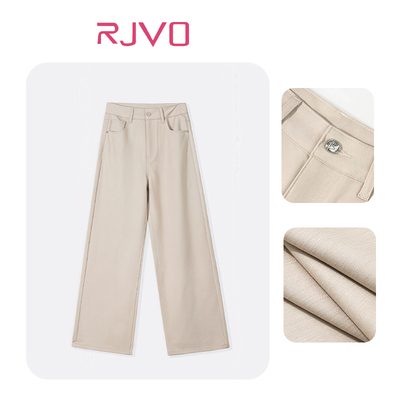 RJVO面膜裤全新竹节纹卡其色牛仔裤女百搭高腰直筒高级垂感休闲裤