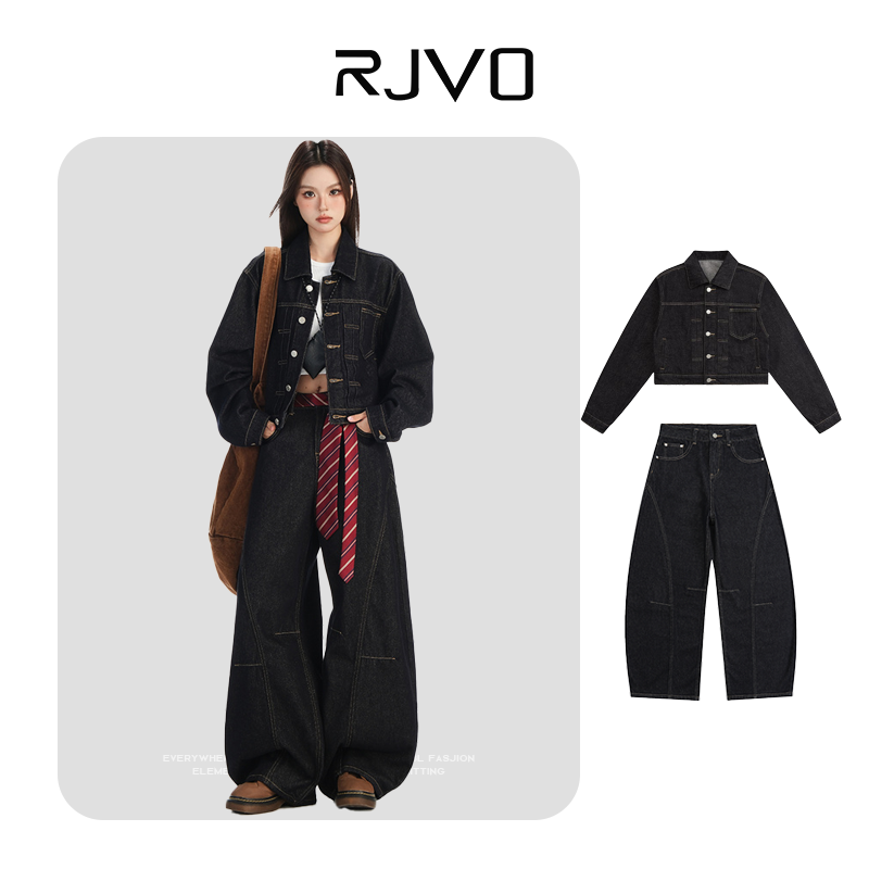 RJVO新款原色翻领纽扣后系带短款牛外套防褪阔腿牛仔裤套装