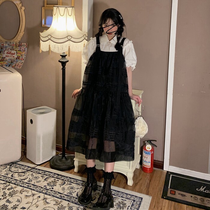 可盐可甜黑色网纱连衣裙设计感小众公主短袖衬衫背带裙子两件套装