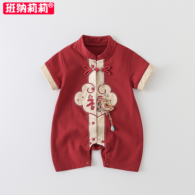 婴儿衣服夏季满月百天宝宝短袖连体衣周岁中国风红色夏装哈衣纯棉