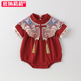 国风婴儿衣服夏装女宝宝包屁衣夏季薄款满月百天三角周岁哈衣爬服