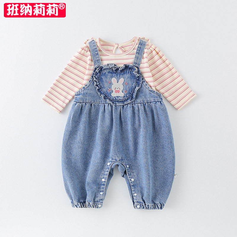 婴儿春装衣服套装背带裤连体衣女宝宝春秋季软牛仔薄款T恤两件套1图片
