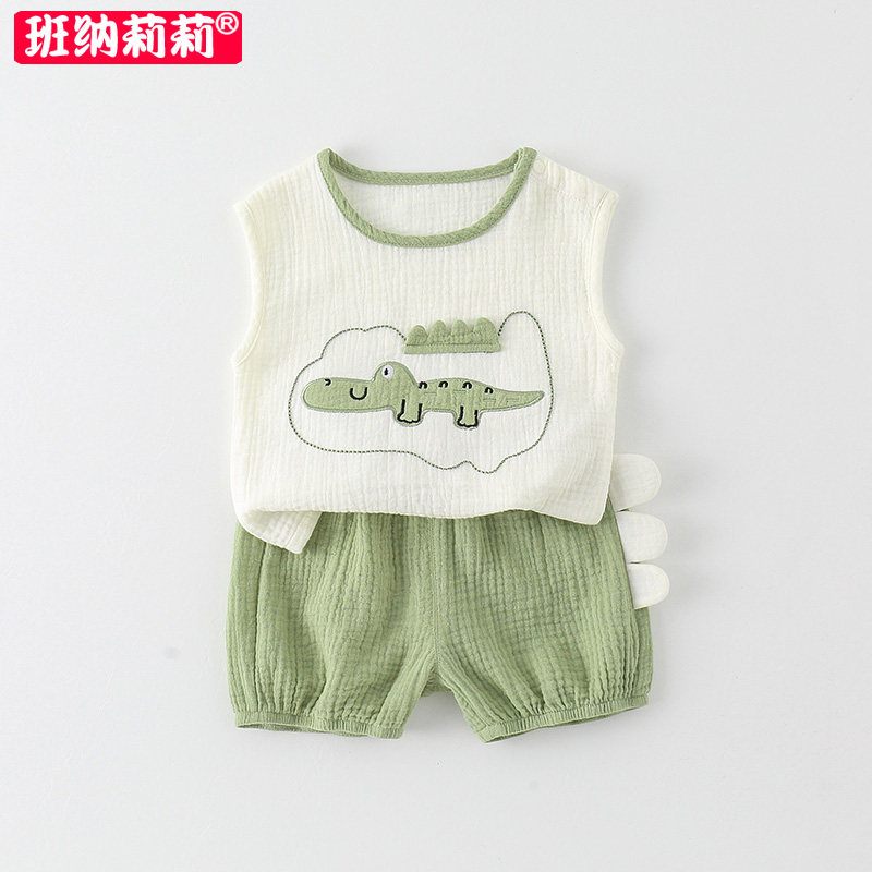 婴童套装夏季衣服男宝宝无袖短裤纯棉透气纱布夏装薄款背心二件套